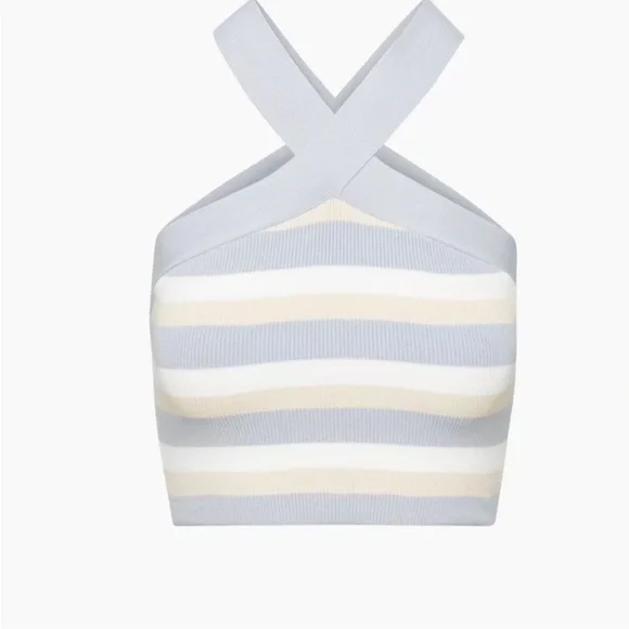 Aritzia Babaton Sculpt Knit Criss Cross Cropped Tank Birch/ Cement Blue NWT - Picture 5 of 11